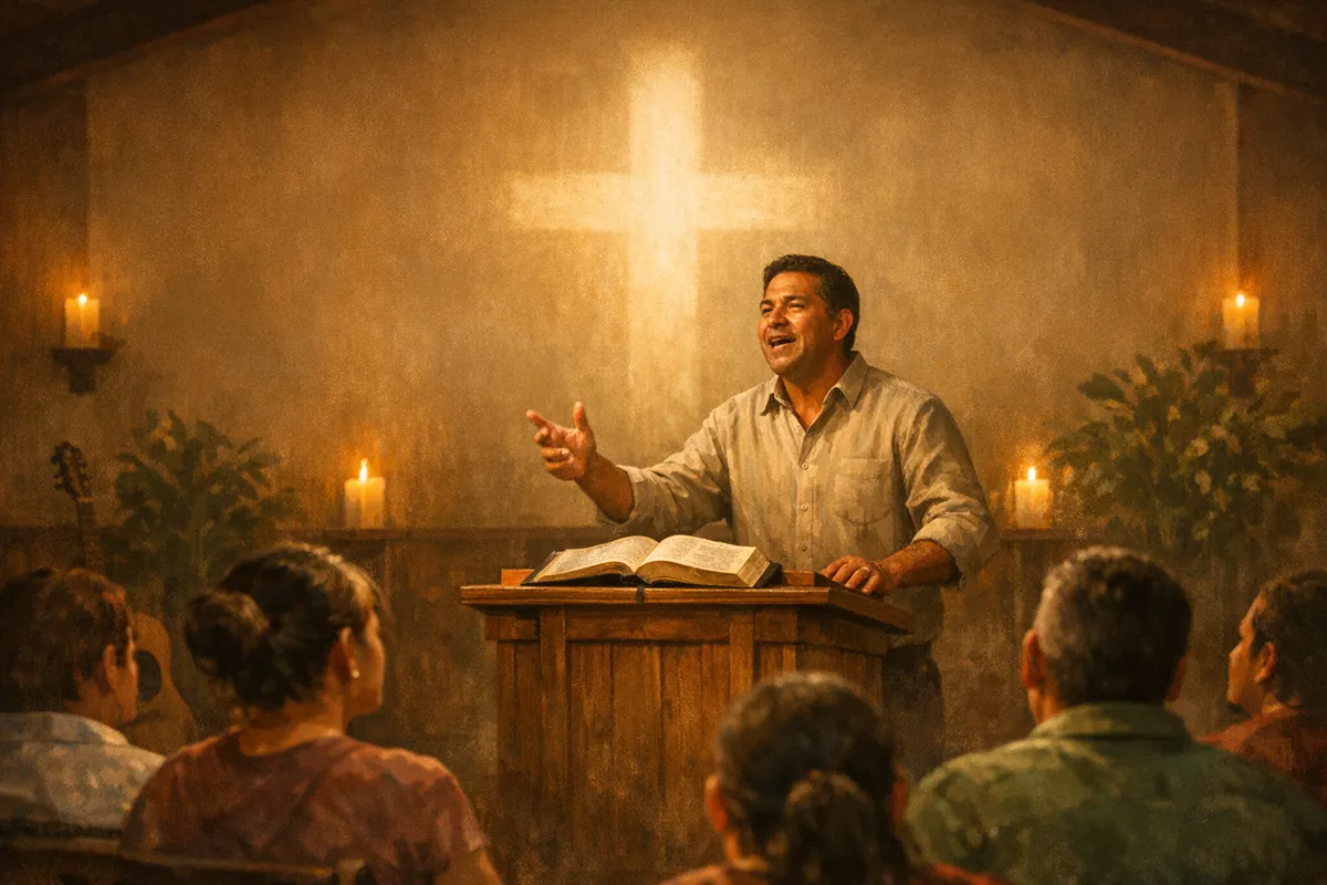 Predicación con Biblia abierta en el púlpito