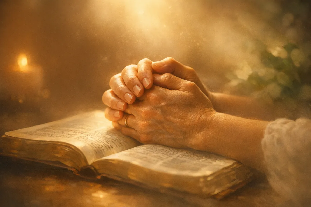 Manos entrelazadas en oración sobre una Biblia abierta