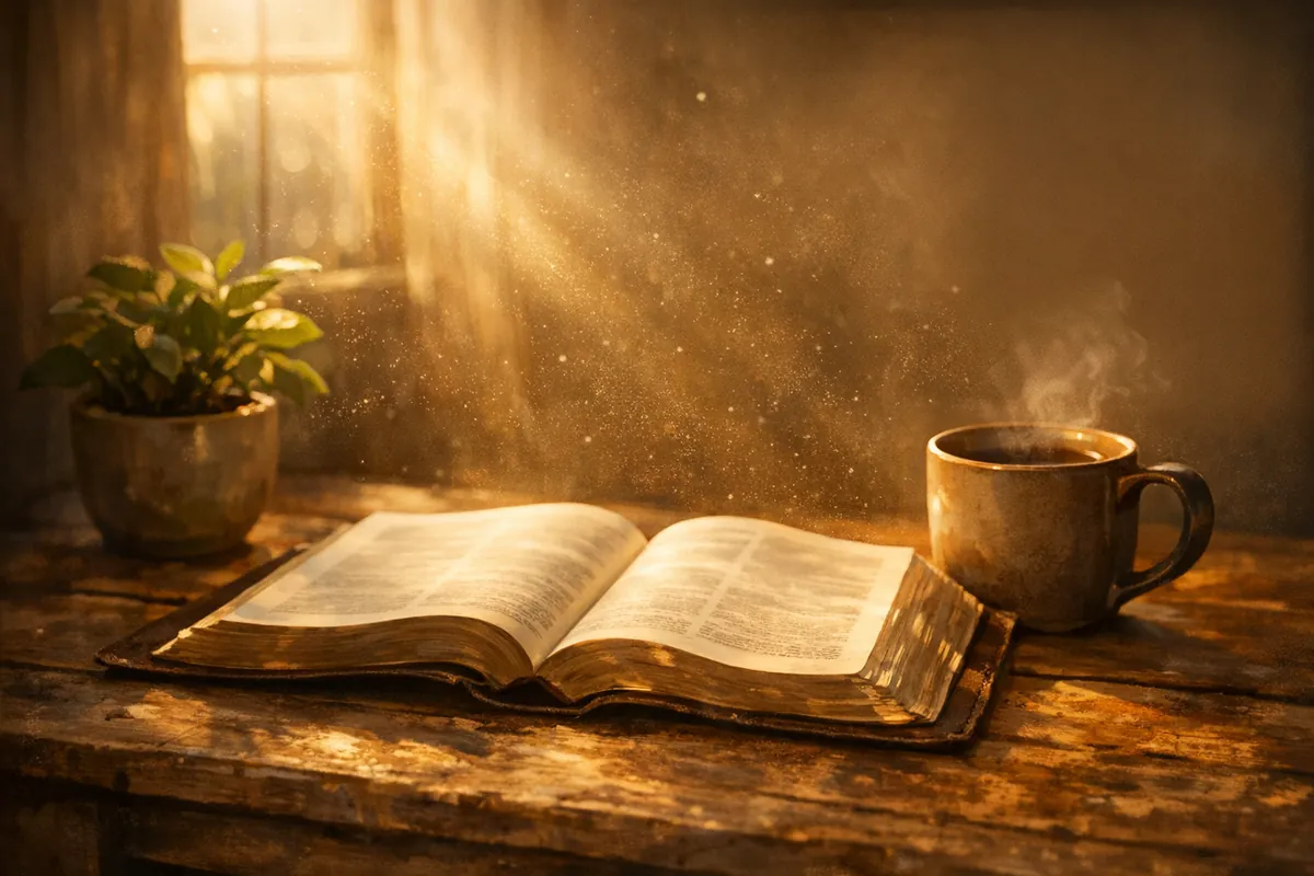 Biblia abierta sobre una mesa con luz cálida, para guías de discipulado